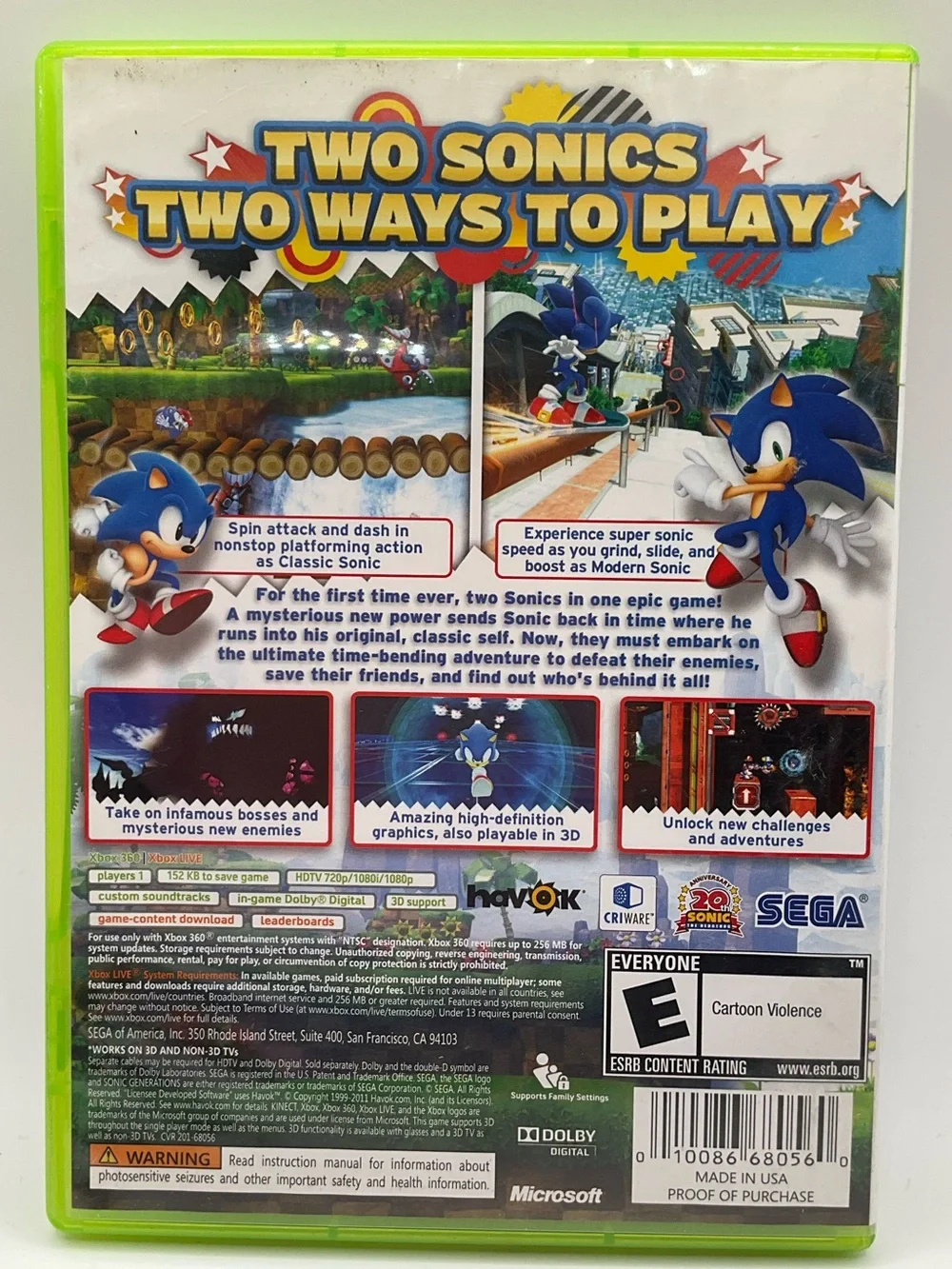 2011 Sonic Generations Xbox 360 SEGA Video Game with Manual, Disc, & Box